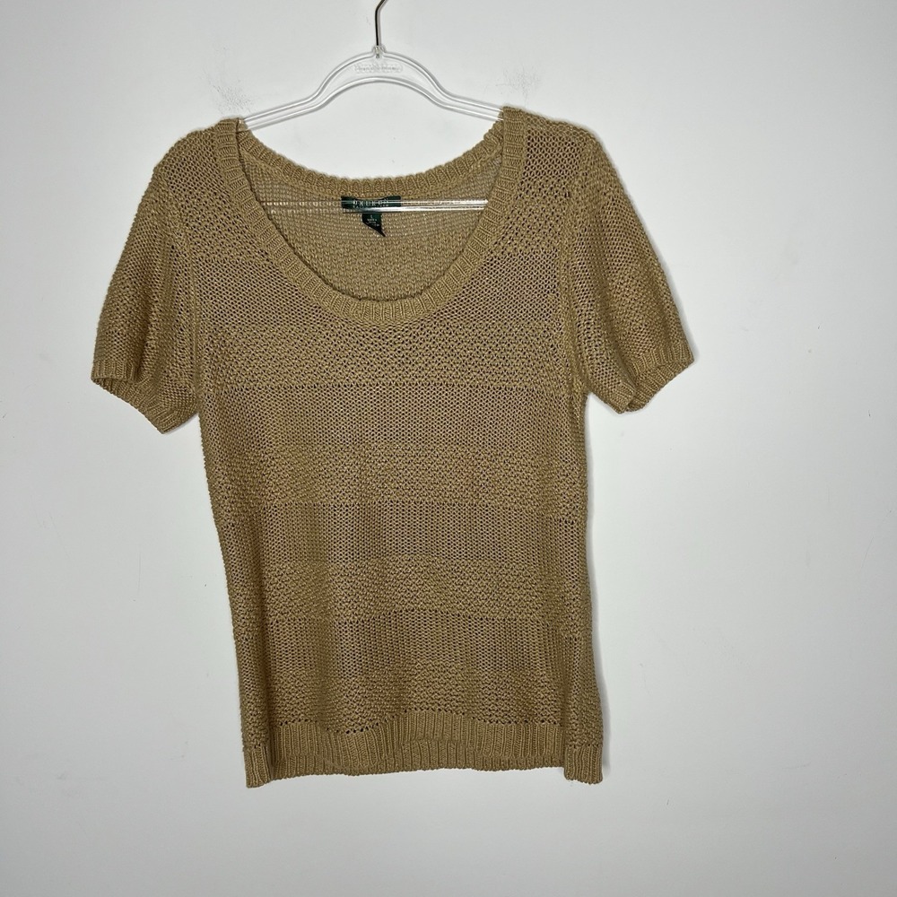 Lauren Ralph Lauren Short Sleeve Sweater Womens Large Tan Linen Cotton Knit Prep